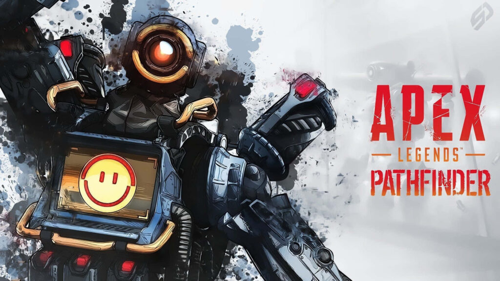 Apex Legends wallpaper with Pathfinder robot and cheerful digital face in dynamic artistic style