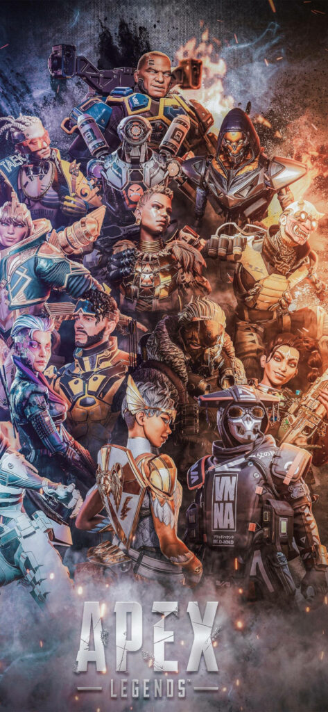 Apex Legends phone wallpaper with all iconic characters in vibrant action-packed lineup background