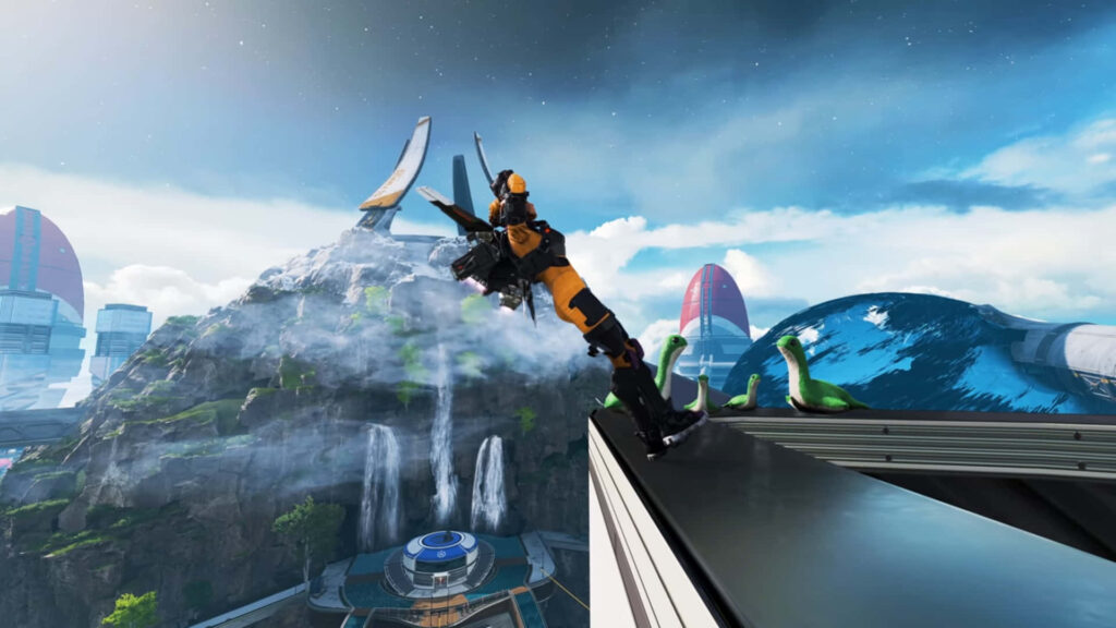 Valkyrie from Apex Legends free falls over futuristic city with waterfalls and domed buildings wallpaper