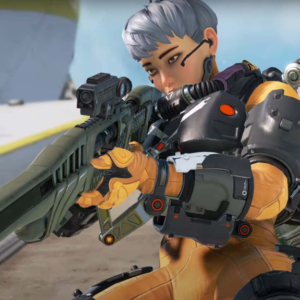 Valkyrie from Apex Legends aiming with rifle ready for battle dynamic detailed wallpaper background