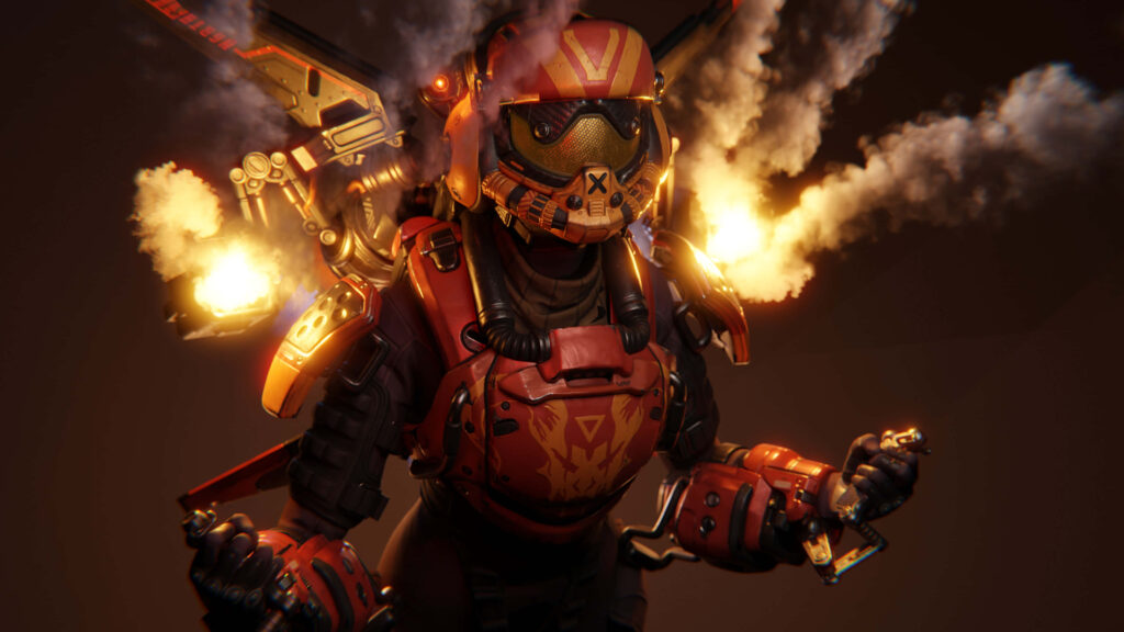 Valkyrie Apex Legends in red armor with jetpack thrusters igniting dynamic intense wallpaper