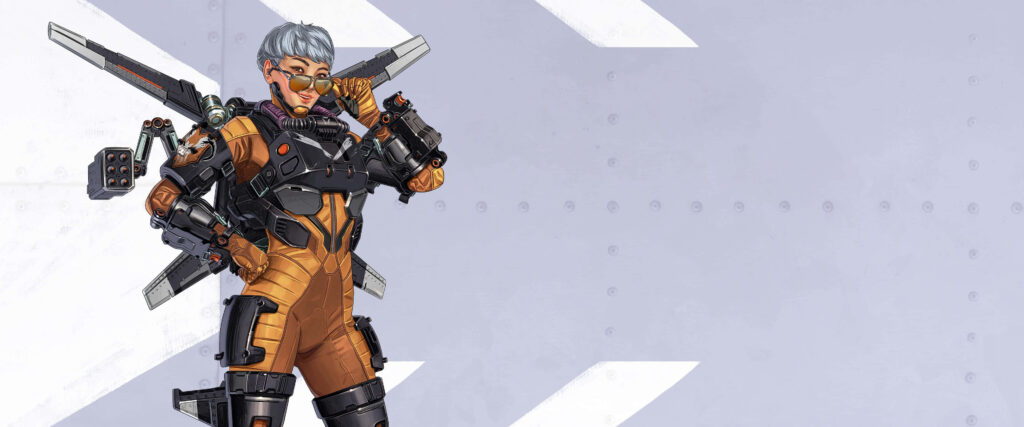 Valkyrie from Apex Legends in advanced battle armor on minimalist background dynamic game wallpaper