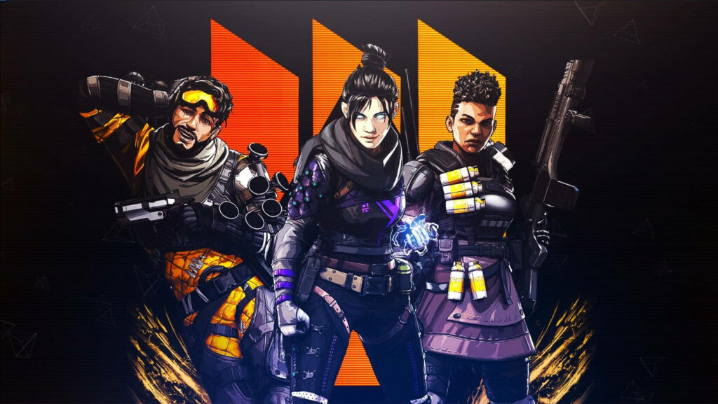 Apex Legends wallpaper with three iconic characters in dynamic poses and vibrant orange accents