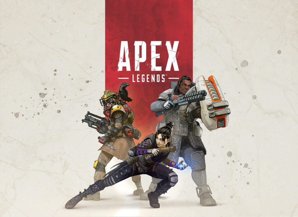 Apex Legends wallpaper with three iconic legends in dynamic poses on red vertical stripe background