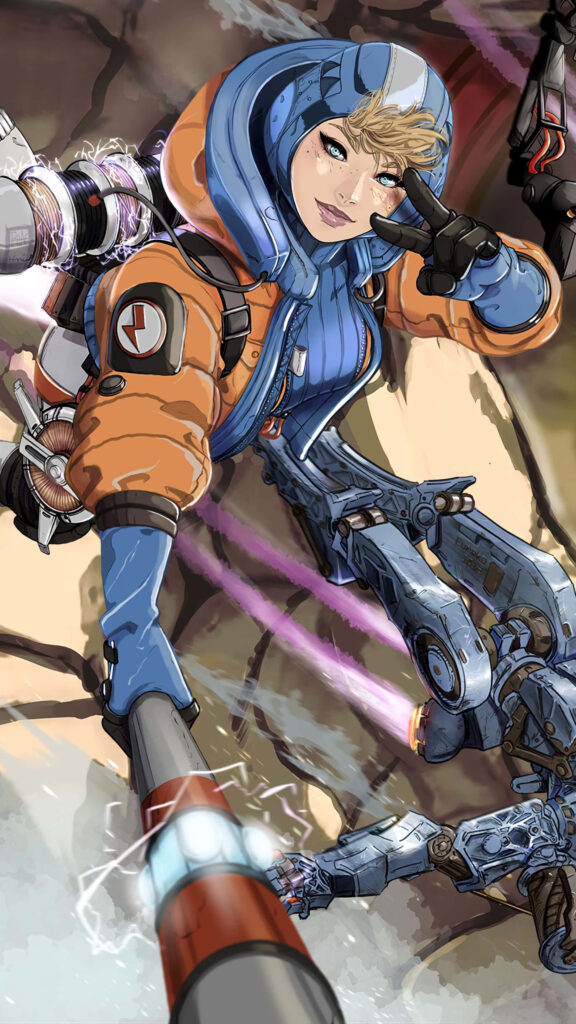 Apex Legends Wattson digital art wallpaper showing her in dynamic action with blue orange gear