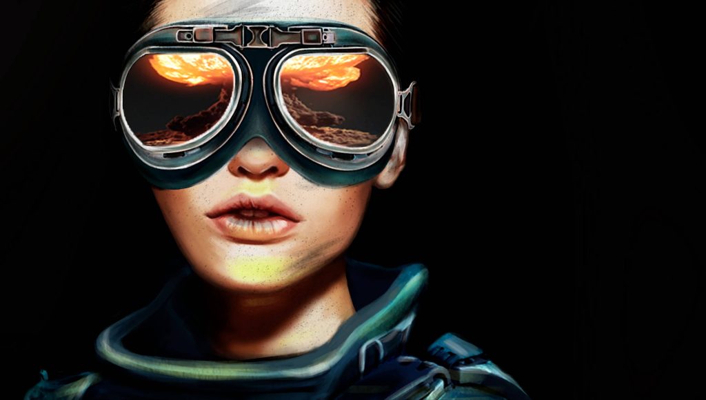Digital art portrait of person with vintage aviator goggles reflecting nuclear explosion mushroom cloud Wallpaper