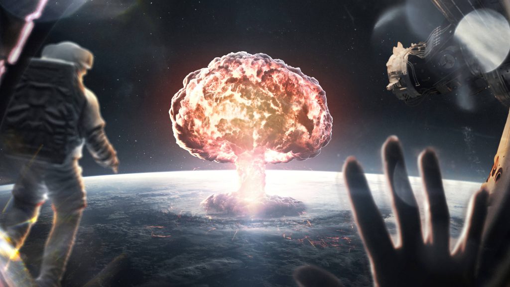 Astronaut outside spacecraft window views massive nuclear explosion on Earth 4k UHD wallpaper