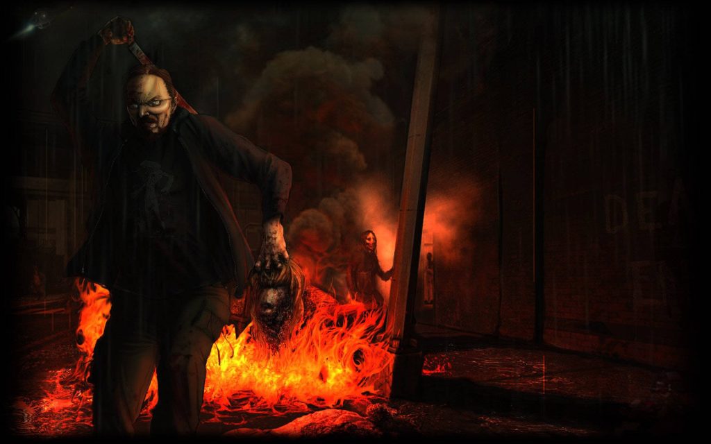Bearded man with machete holding severed head by fire in rainy dark alley with Dead End graffiti Wallpaper
