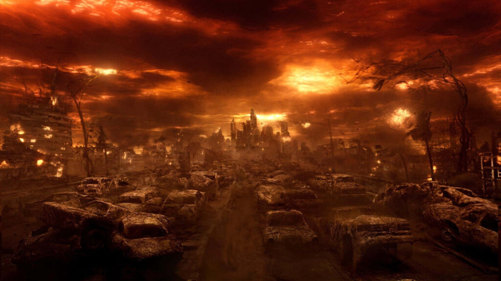 The Burning Wasteland: A Red Sky Hell in Constantine's Post-Apocalyptic World Wallpaper