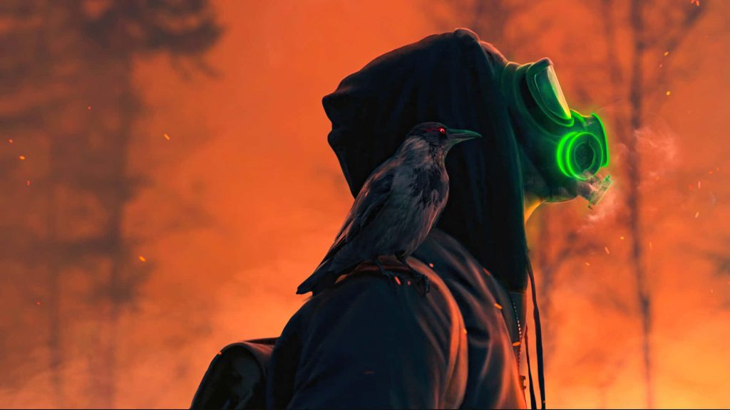 Hooded figure with neon green gas mask and crow in fiery smoky apocalyptic digital art wallpaper