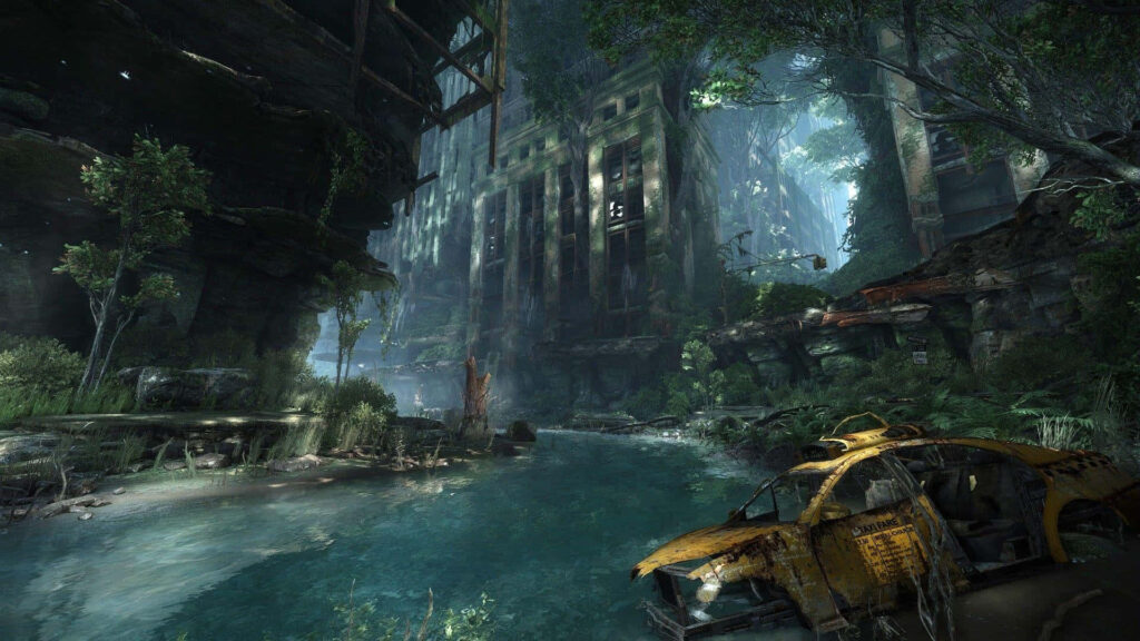 Crysis 3 video game wallpaper: Nature reclaiming urban decay with futuristic vehicle in lush scenery