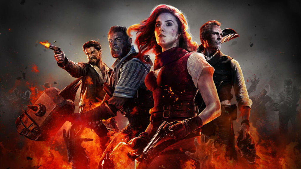 Apocalyptic Aegis: Black Ops 4 Characters Unleash Chaos in Fiery Zombie-Hell Wallpaper