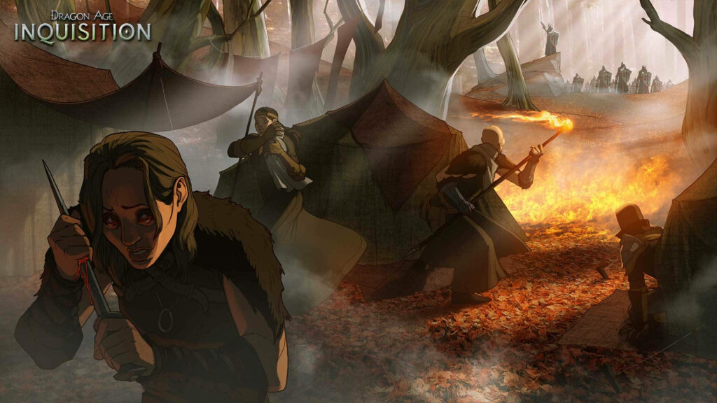 Dragon Age: Inquisition Wallpaper - Adventurers in Mystical Forest Battle
