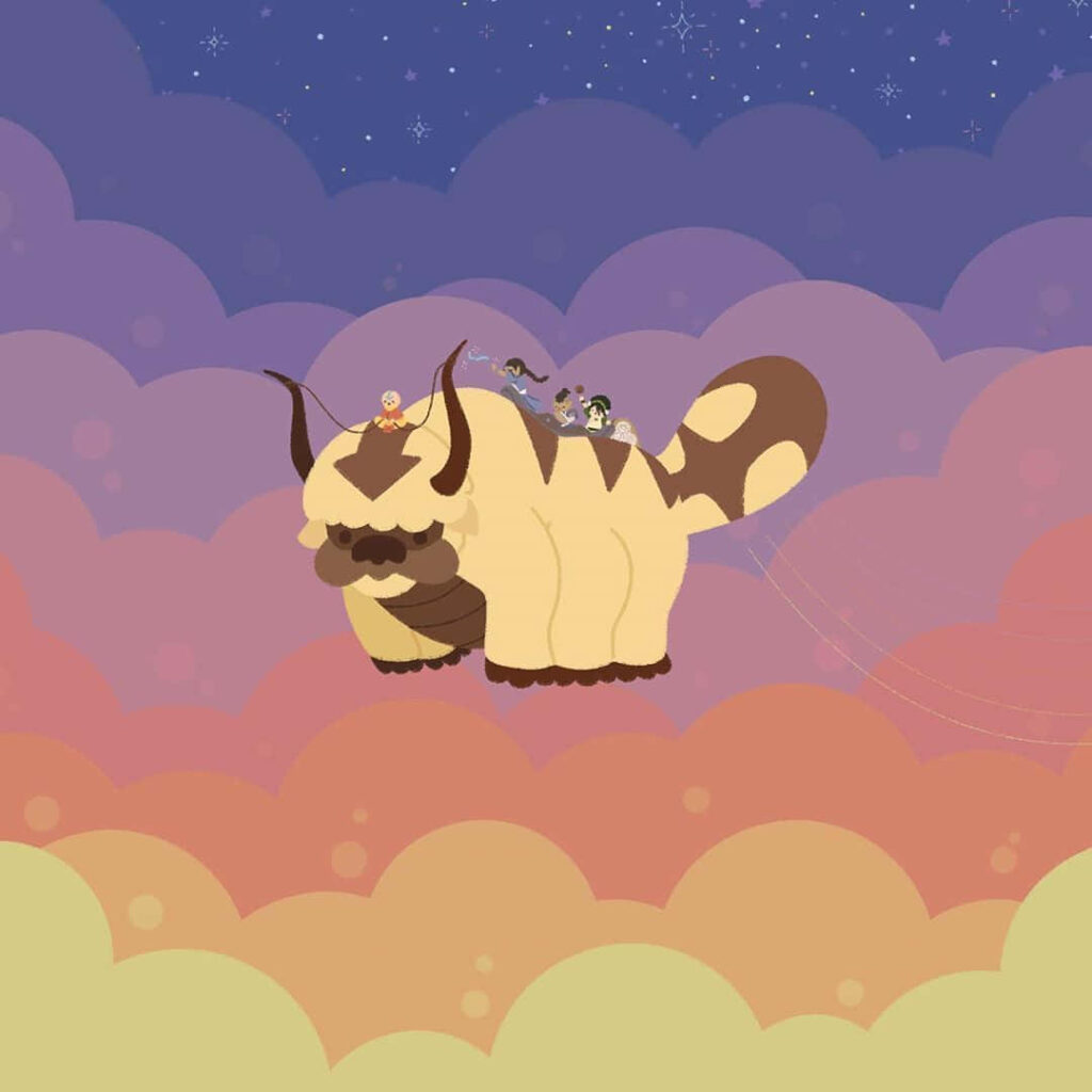 Appa flying with Aang and friends through a vibrant colorful sky Avatar wallpaper background