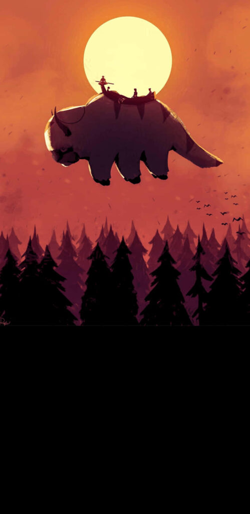 Appa flying at sunset above treetops Avatar the Last Airbender adventurous wallpaper background