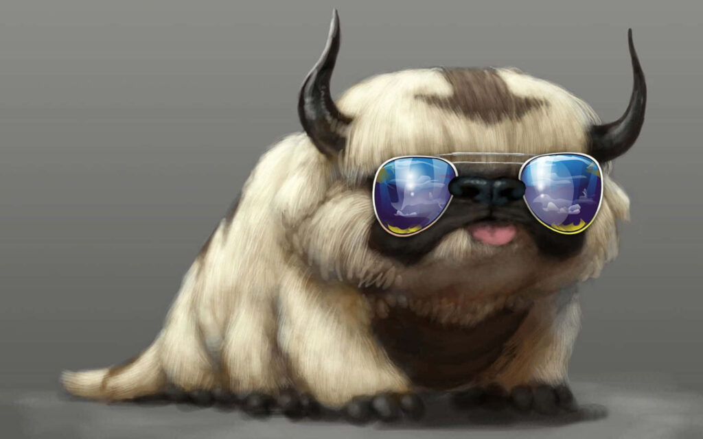 Appa from Avatar wearing reflective sunglasses in a fun Pandora-themed wallpaper background