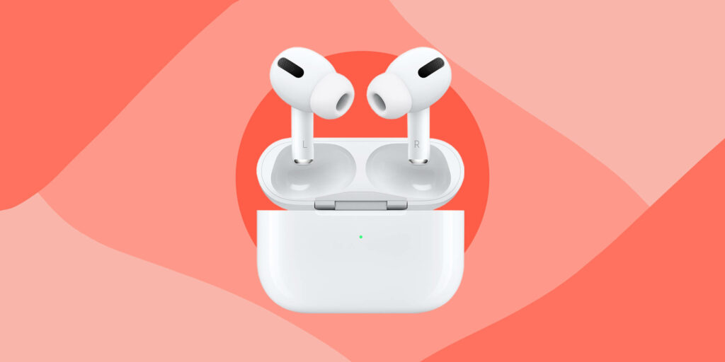 Apple AirPods Pro in charging case on stylish abstract red pink tech-inspired wallpaper background