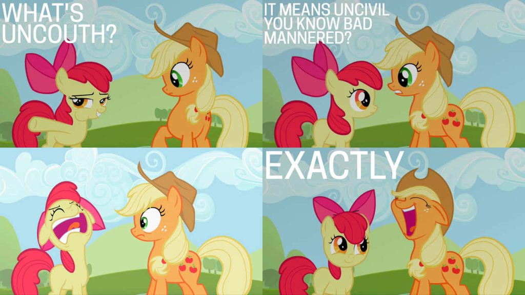 My Little Pony Applejack teaching Apple Bloom uncouth meaning in sunny pasture wallpaper background