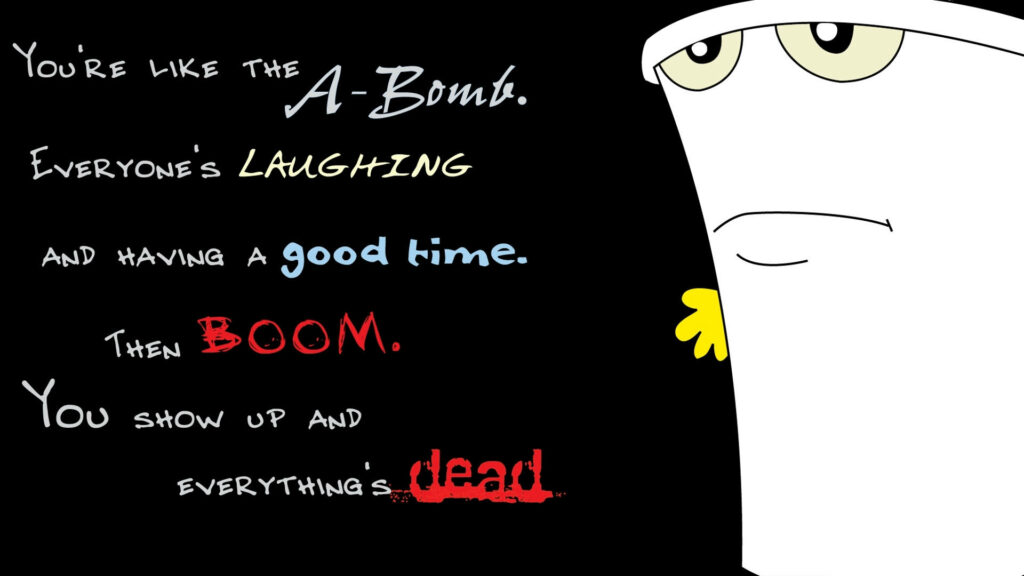 Aqua Teen Hunger Force character with stoic expression and bold humorous A-Bomb interrupt text wallpaper