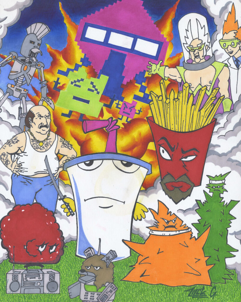 Aqua Teen Hunger Force wallpaper with Master Shake Frylock Meatwad and colorful characters action scene