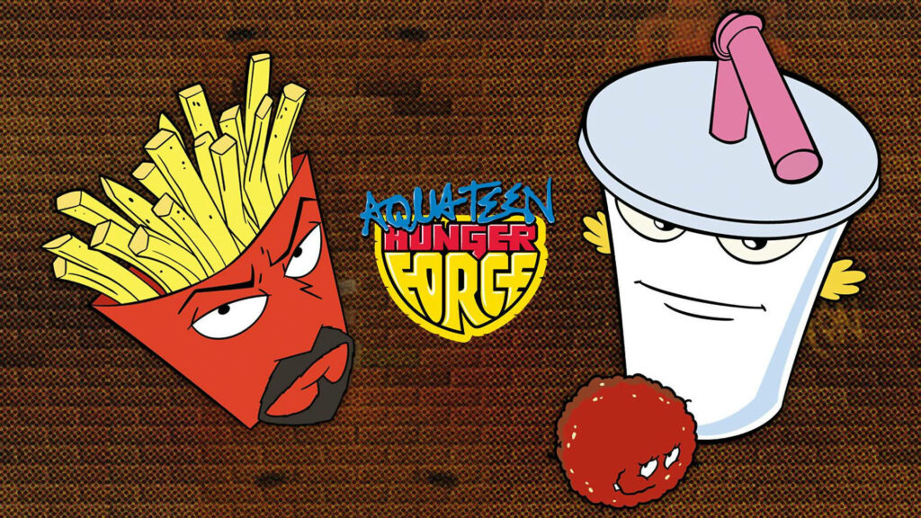 Animated Aqua Teen Hunger Force food characters with bold expressions on textured wallpaper background