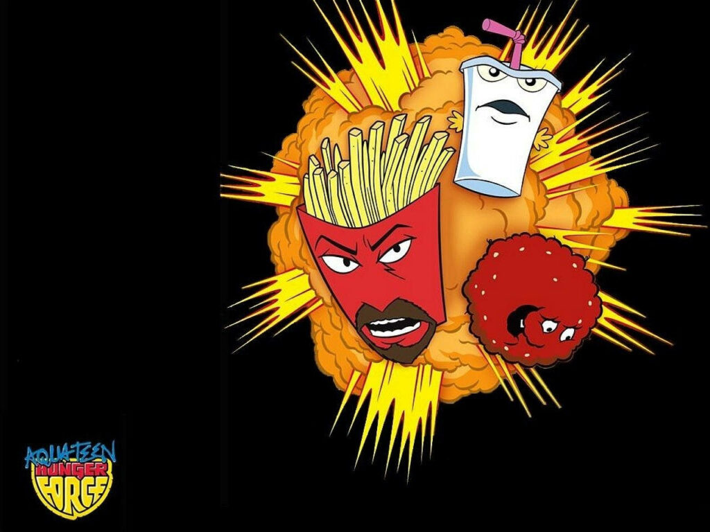 Aqua Teen Hunger Force characters Frylock Master Shake and Meatwad bursting from fiery explosion background Wallpaper