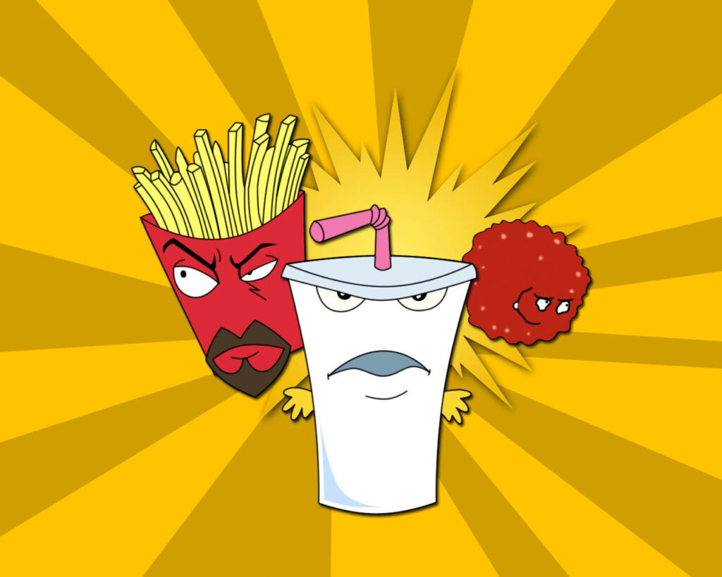 Aqua Teen Hunger Force characters Frylock Master Shake Meatwad on vibrant yellow background wallpaper