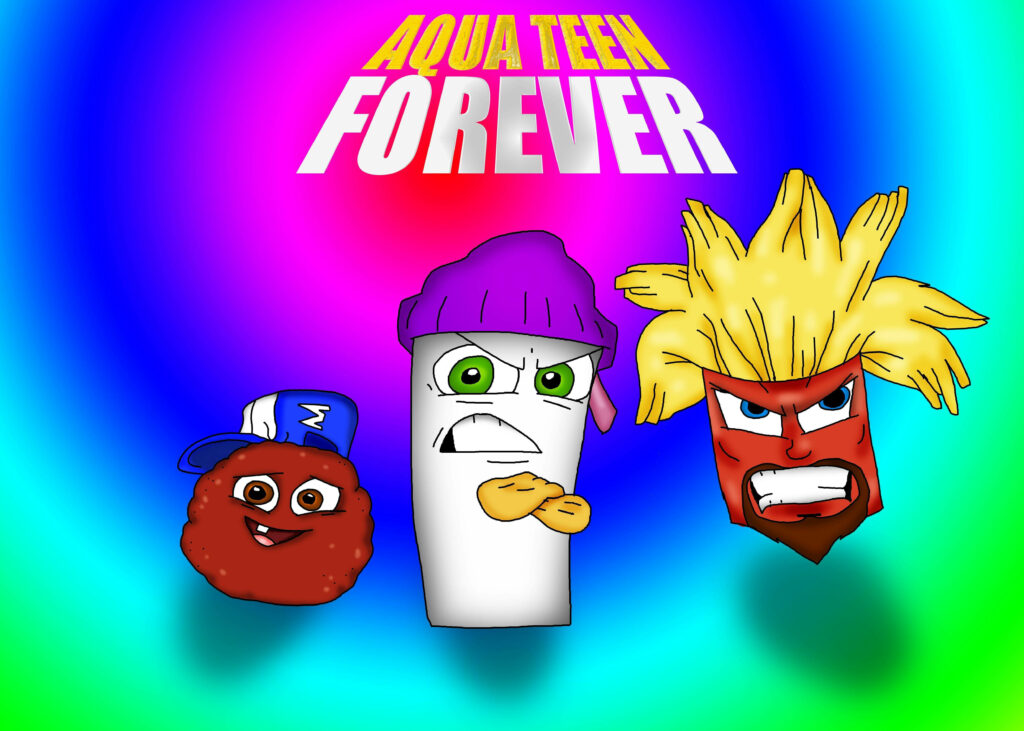 Aqua Teen Hunger Force Forever trio vibrant wallpaper colorful background series title