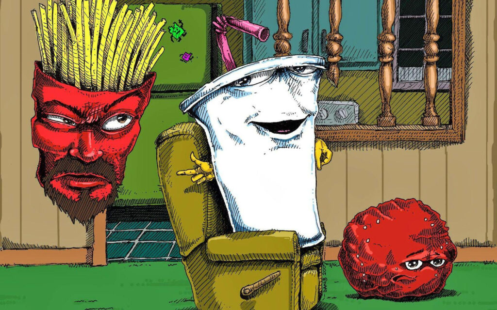 Aqua Teen Hunger Force characters Master Shake Frylock and Meatwad in hand-drawn living room wallpaper