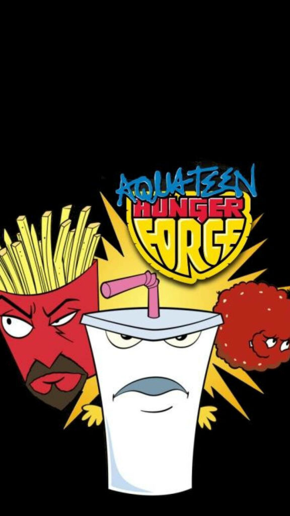 Aqua Teen Hunger Force characters Master Shake Frylock and Meatwad with colorful logo on black background wallpaper