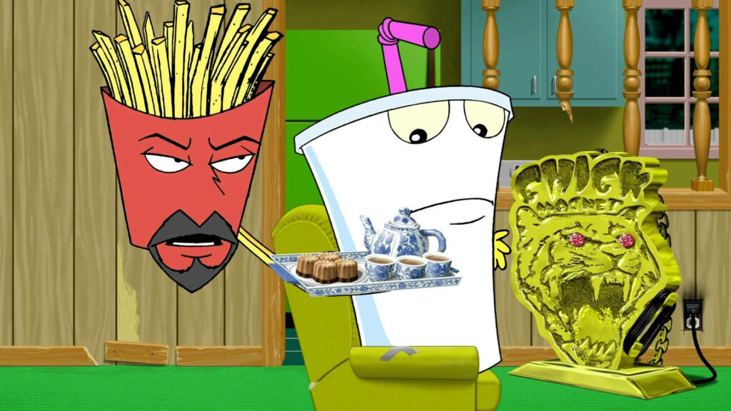 Aqua Teen Hunger Force characters having quirky tea time in colorful living room wallpaper background