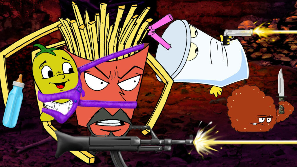 Aqua Teen Hunger Force characters ready for action with fiery background wallpaper scene