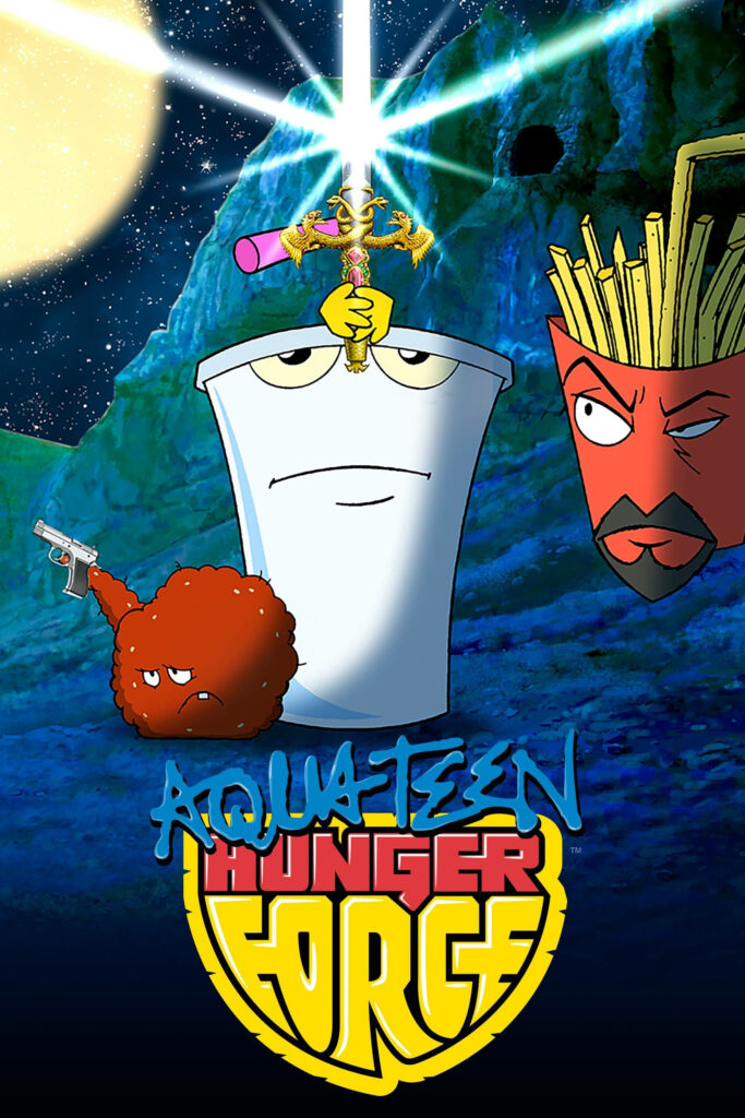 Aqua Teen Hunger Force team heroically at night with Master Shake holding glowing lightning sword Wallpaper