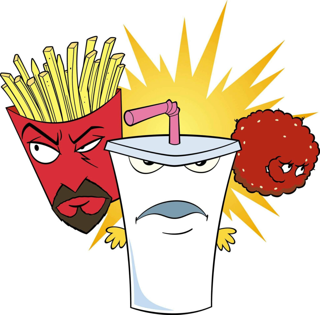 Aqua Teen Hunger Force trio Master Shake Frylock and Meatwad bold poses dynamic burst wallpaper