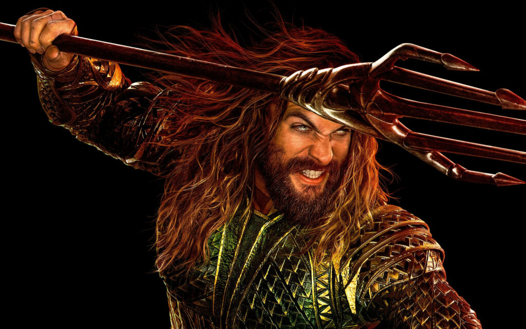 Aquaman close-up with trident fierce expression detailed armored suit black background wallpaper