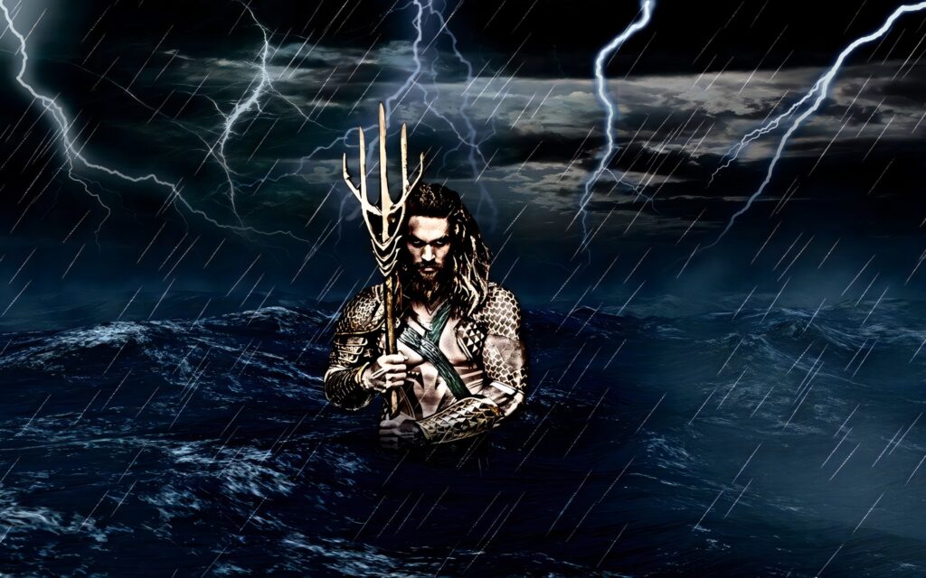 Aquaman wields trident in stormy sea with lightning flashing showcasing ocean power wallpaper
