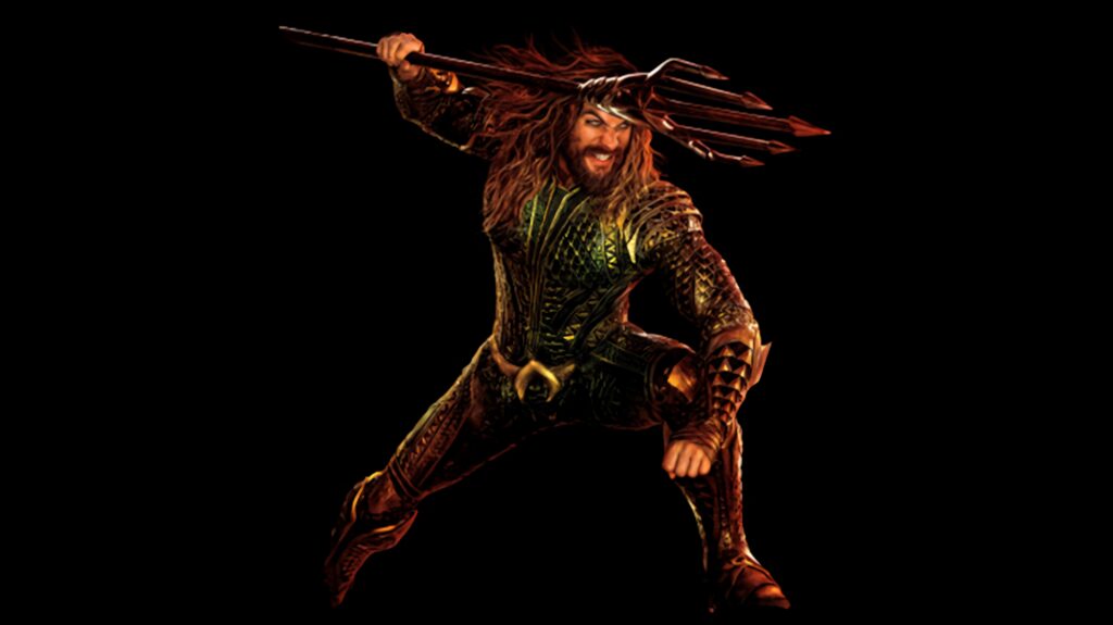 Aquaman in fierce battle pose wielding trident showcasing warrior spirit movie wallpaper