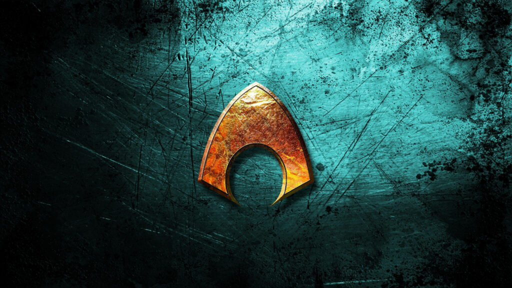 Golden Aquaman logo on textured blue background striking superhero wallpaper design