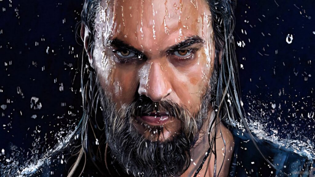 Aquaman intense wallpaper with water droplets on face showcasing fierce powerful movie hero