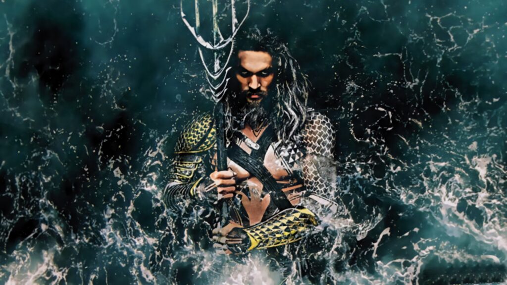 Aquaman wields trident amid swirling ocean water showcasing strength and oceanic power wallpaper