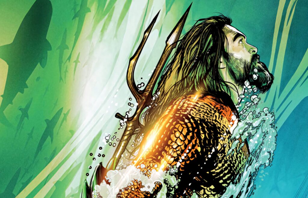 Aquaman rising underwater wielding golden trident surrounded by swirling currents and fish Wallpaper