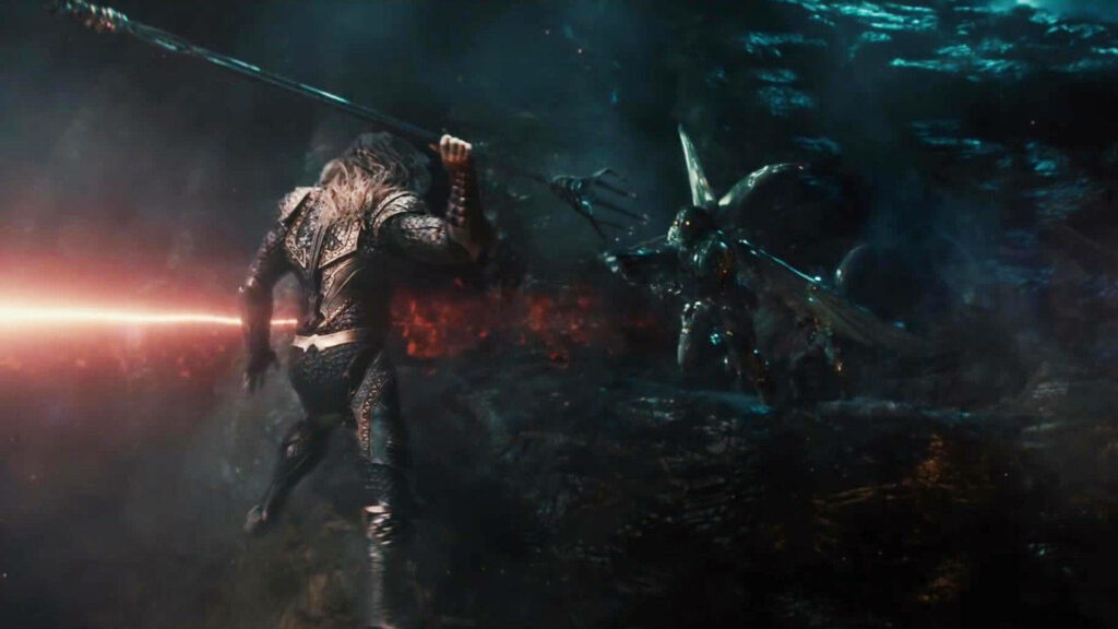Aquaman underwater battle wielding trident facing Parademon for justice wallpaper background