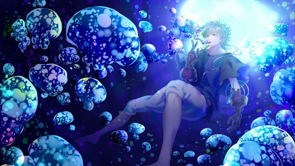 Underwater Enigma: The Aquatic Abilities of a Blue-Haired Anime Boy Wallpaper