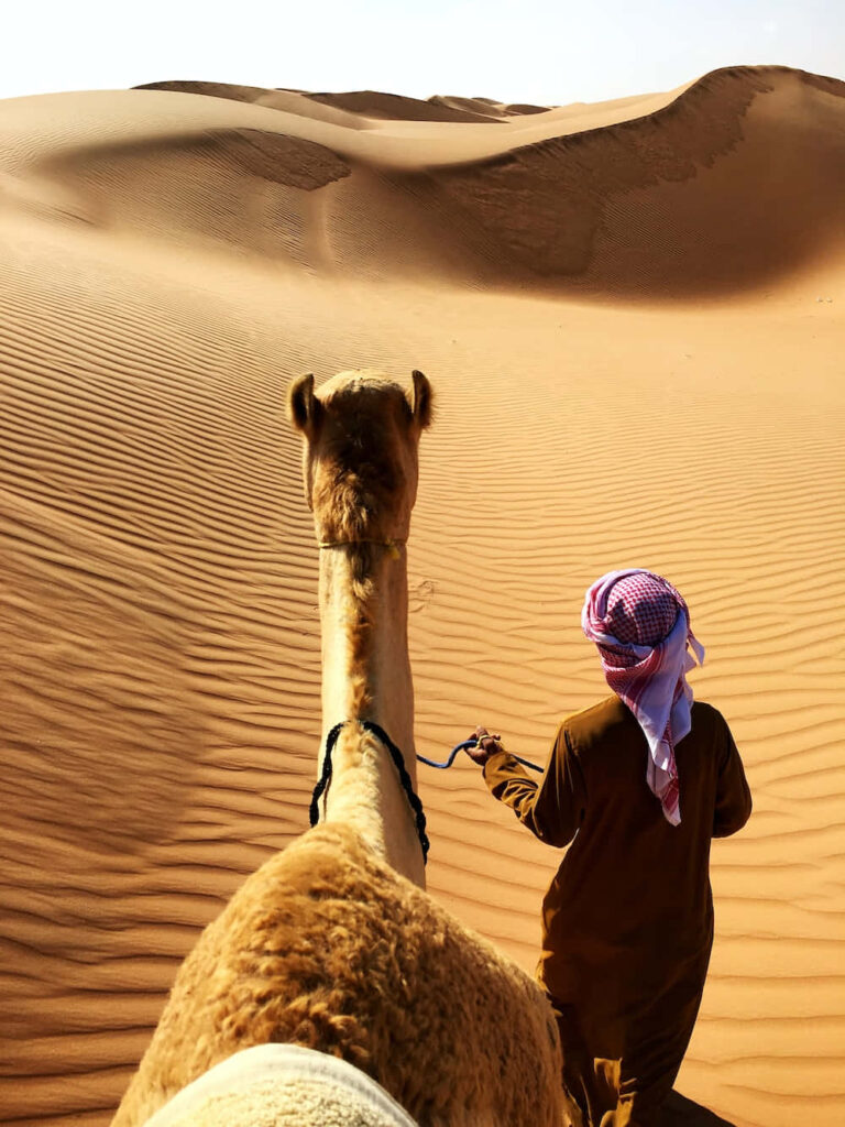 Arab man in traditional attire leading camel across golden sand dunes under bright desert sun Wallpaper