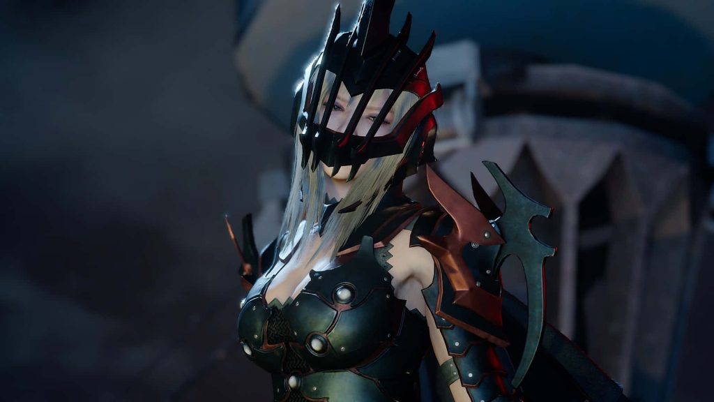 3D CGI wallpaper of Aranea Highwind in dark knight armor with moody lighting Final Fantasy XV