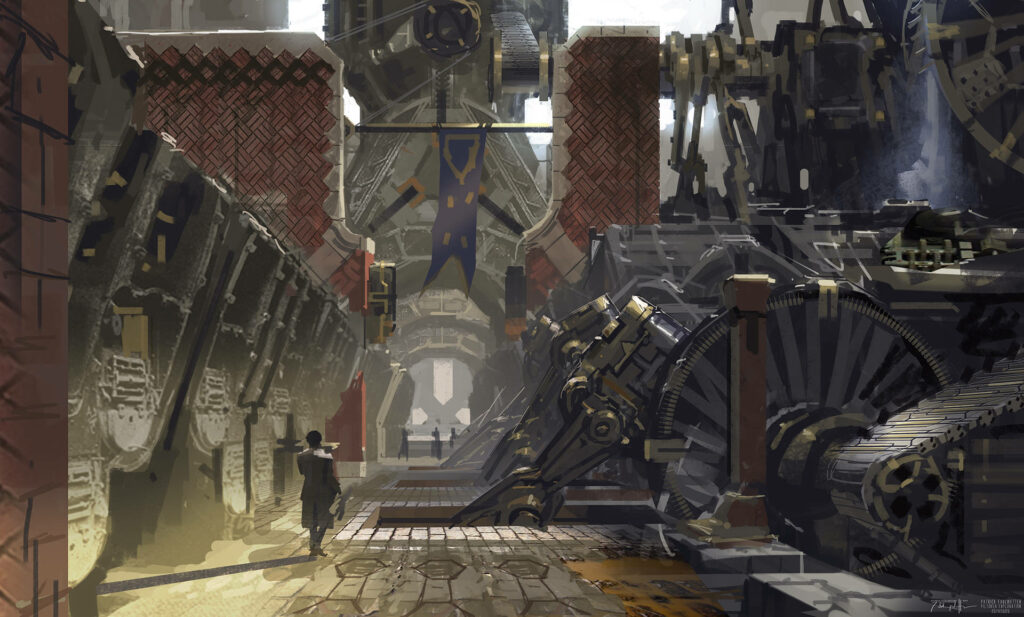 Arcane industrial factory with massive steampunk gears intricate machinery detailed architecture background Wallpaper