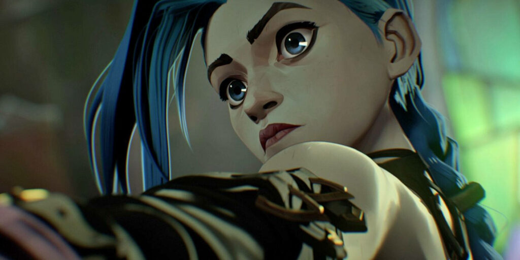Arcane Jinx intense gaze dramatic lighting dark thrilling atmosphere Arcane series wallpaper
