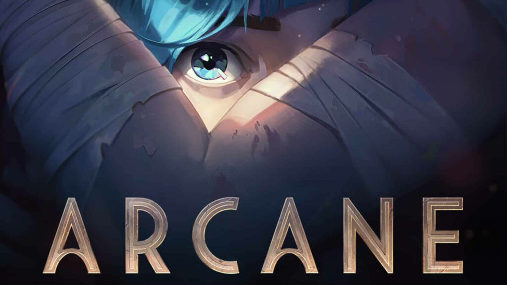 Arcane poster close-up of Powder with expressive blue eye and crossed bandaged arms wallpaper