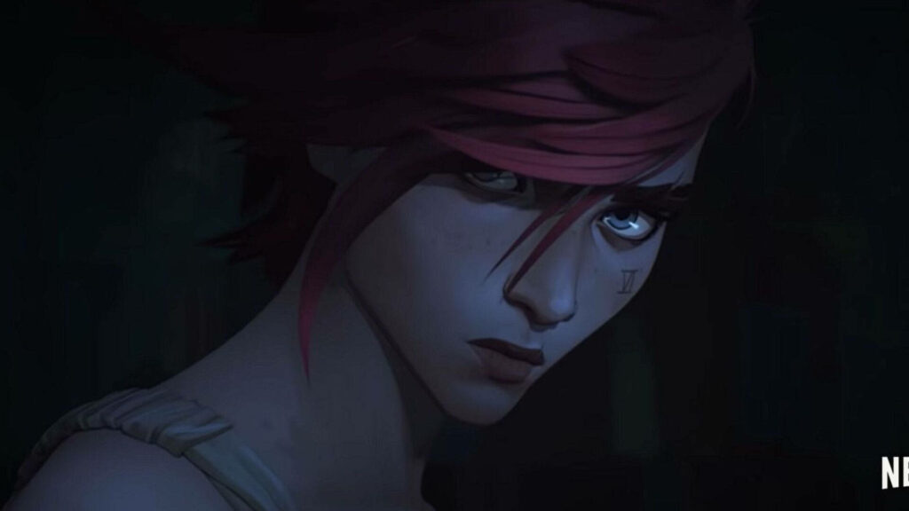 Arcane Vi intense expression red hair in dark prison setting animated series wallpaper background