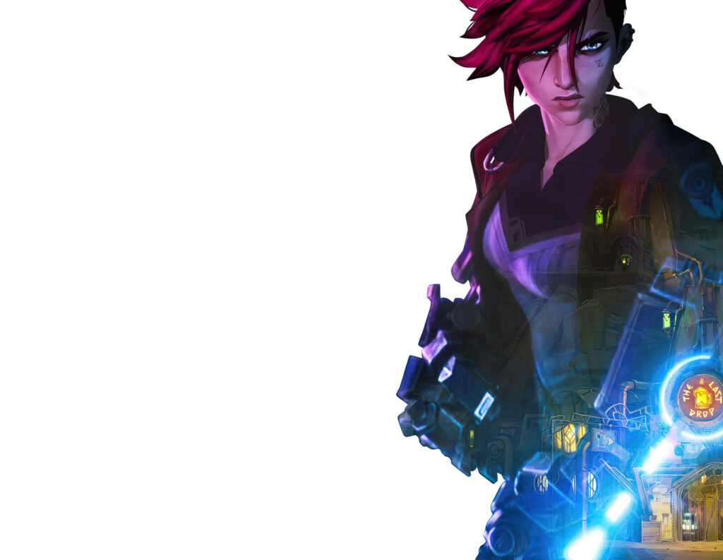 Arcane Vi with vibrant red hair glowing elements and determined expression on white background Wallpaper